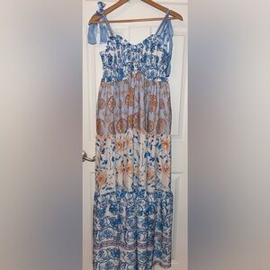 Floral Maxi Smocked Tier Dress with Satin Tie Straps Large